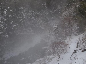 風で雪が舞い．．．テラス下_0310PM'2014