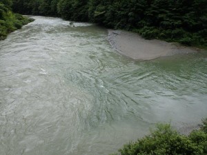 出合橋合流点・右 中野川川(濁りが薄い)，左 桑瀬川_0717'2015